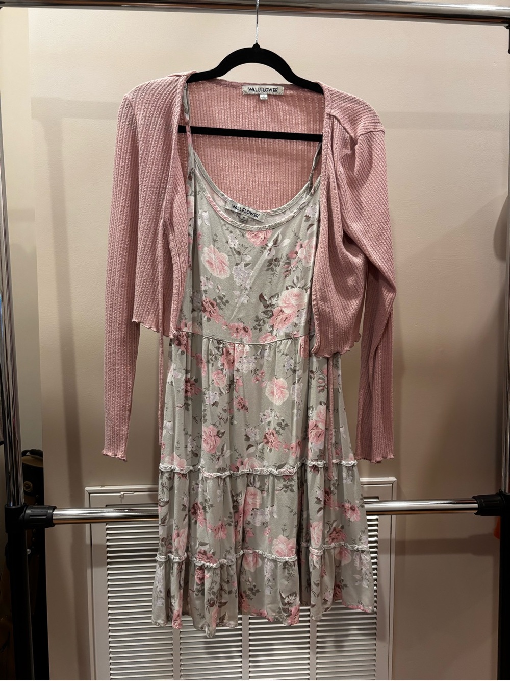 Wallflower Sage Floral Tiered Midi Dress with Dusty Pink Cardigan